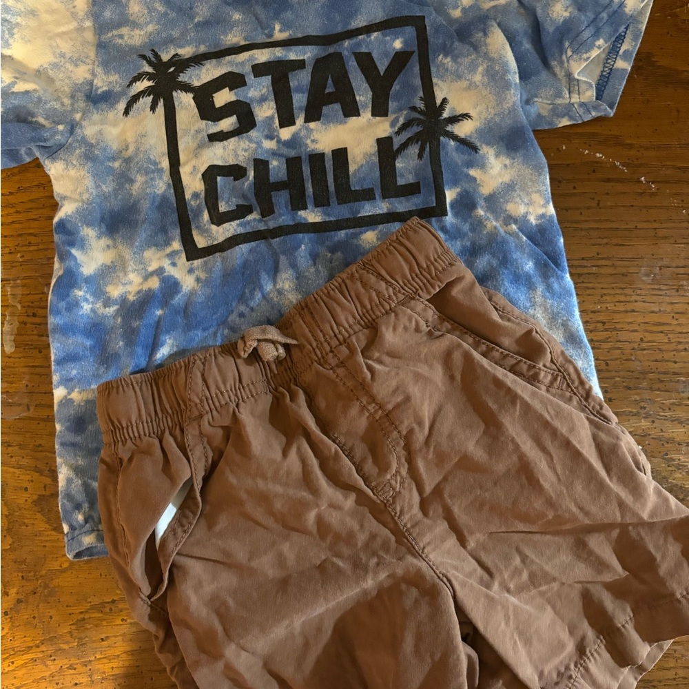 Boy 3T Blue Tie-Dye 'Stay Chill' T-Shirt and Brown Shorts Set